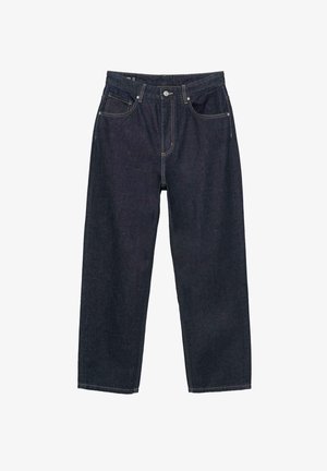 Dunkelblaue Denim-Jeans mit einer lockeren Passform, ausgestattet mit fünf Taschen, kontrastierendem gelbem Stich und einem Knopfverschluss vorne.