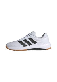 White athletic sneaker with black stripes, mesh upper, laces, and gum sole designed for indoor sports use.