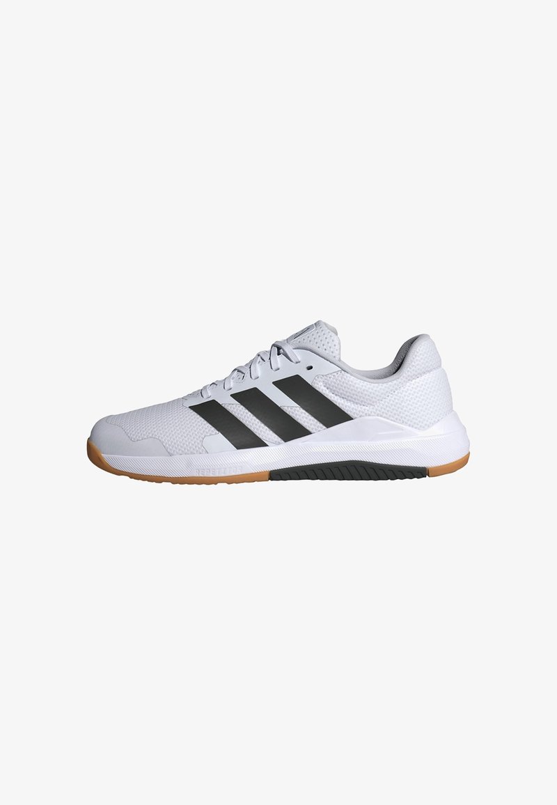 White athletic sneaker with black stripes, mesh upper, laces, and gum sole designed for indoor sports use.