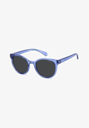 Transparante blauwe cat-eye-zonnebril met donker getinte glazen en slanke, naar buiten gerichte pootjes op een witte achtergrond.