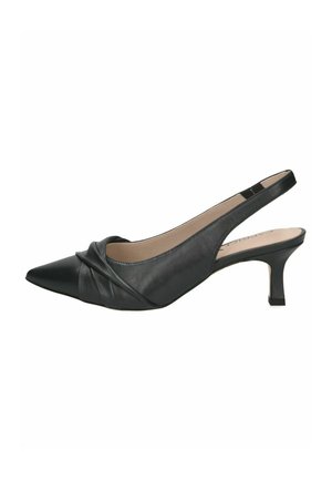 Schwarzer Leder-Slingback-Schuh mit spitzer Spitze, gerafftem Detail vorne und niedrigem Kittenabsatz.