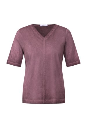 V-hals, short-sleeve top in gedempt mauve, zachte textuur, met een losse pasvorm. Kenmerkt gestikte naden en een rechte zoom.