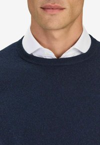 Mörkblå stickad tröja med rund halsringning, i kombination med en vit skjorta med krage under. Slät textur, minimalistisk design.