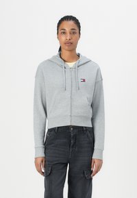 Felpa grigia con zip, dotata di tasca frontale, cappuccio con lacci e piccolo logo multicolore sul petto, abbinata a pantaloni cargo scuri.