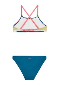 Completo da bagno a due pezzi composto da un bralette multicolore con spalline incrociate e un fondo teal uniforme contrassegnato da un logo.