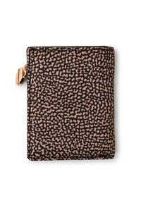 Schwarze und beigefarbene, strukturierte Brieftasche mit einem gepunkteten Muster, Reißverschluss mit goldfarbener Hardware und kompaktem rechteckigem Design.