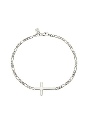Sølvkædearmbånd med en vandret korsvedhæng og en hummerlås på en hvid baggrund.