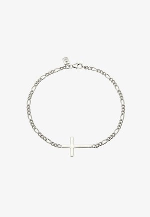 Bracelet en chaîne argentée avec un pendentif croix horizontal et une fermeture à mousqueton sur fond blanc.