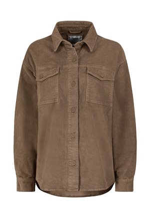 Bruine corduroy shirtjacket met twee borstzakken, knoopsluitingen en een ontspannen pasvorm. Heeft een klassieke kraag en ribbeltextuur.