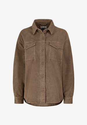 Braune Cord-Jacke mit zwei Brusttaschen, Knopfverschlüssen und lässigem Schnitt. Verfügt über einen klassischen Kragen und gerippte Textur.