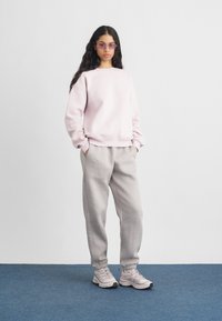 Απαλή ροζ φούτερ με στρογγυλή λαιμόκοψη, συνδυασμένη με ανοιχτού γκρι φόρμες. Το μοντέλο φοράει γκρίζα αθλητικά παπούτσια και γυαλιά ηλίου με μοβ απόχρωση. Απλός σχεδιασμός.