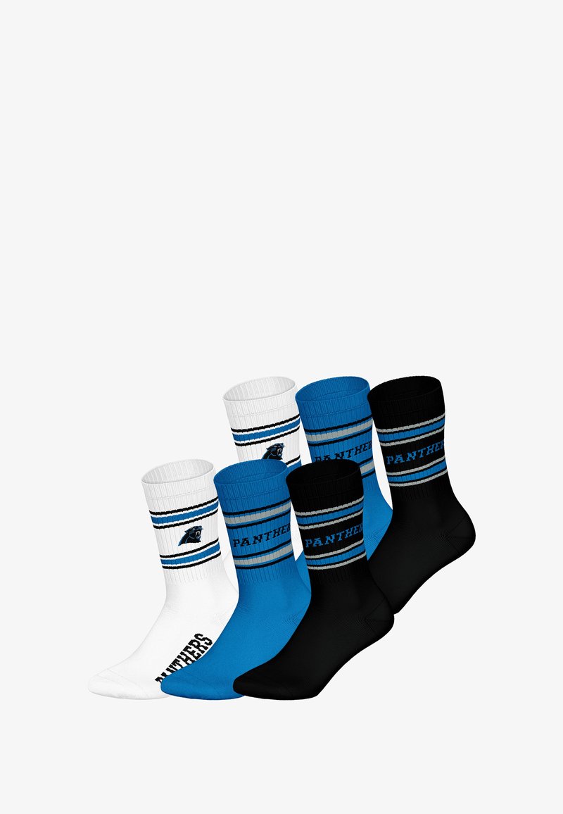 Trzy pary skarpetek załogowych: białe z czarnymi akcentami, niebieskie w paski oraz czarne; każda z nich ma napis "PANTHERS" i logo.
