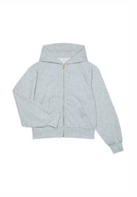 Sudadera corta gris hecha de un tejido suave, con cremallera en el frente, capucha grande y dos bolsillos frontales. Puños y dobladillo acanalados.