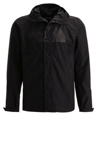 Schwarze wasserdichte Jacke mit durchgehendem Reißverschluss, Kapuze und zwei Seitentaschen. Verfügt über ein großes, tonales Logo auf der Brust und eine glatte Textur.