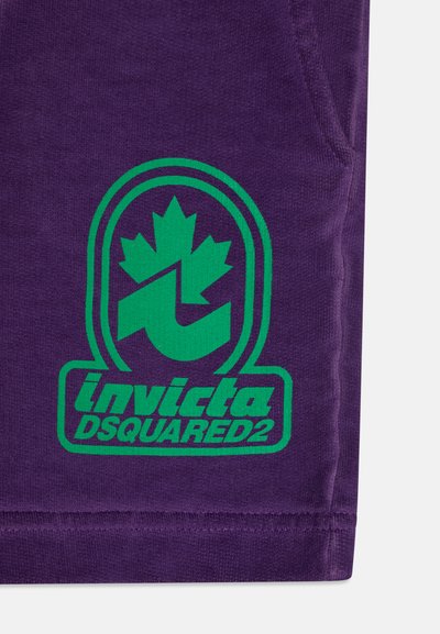 Purple fabric featuring a green logo with a maple leaf and the text "Invicta DSQUARED2" at the bottom, with a smooth texture.