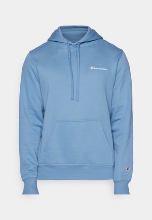 Sudadera azul claro hecha de tela suave, con un bolsillo canguro, capucha ajustable con cordón y logotipo bordado en el pecho y la manga.