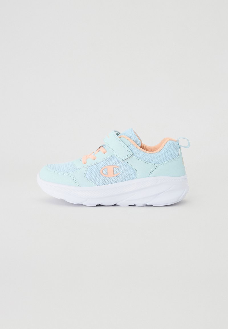 Heledad sinised spordijalatsid võrgutekkidega, oranžide aktsentidega, Velcro rihmaga ja tekstuuriga valge tallaga, mis tagab parema haarde.