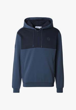 Námořnicky modrá mikina s půlzipovým zapínáním, s tmavě modrým panelem na hrudi, vroubkovanými manžetami a bočními kapsami. Jemná textura.