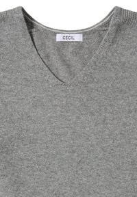 Hellgrauer gestrickter Pullover mit V-Ausschnitt. Hat eine weiche Textur und ein Etikett mit der Aufschrift "CECIL" am Ausschnitt.