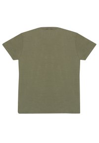 Camiseta de manga corta verde oliva hecha de un suave tejido de algodón, con cuello redondo, dobladillo recto y sin patrones ni gráficos visibles.