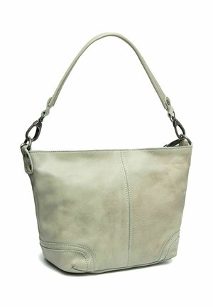 Hellegrüne Lederhandtasche mit weicher Textur, kurzem Griff und metallischen Akzenten. Sie hat eine schlichte, runde Form und genähte Details.