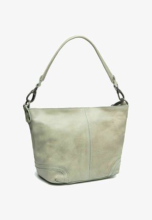 Hellegrüne Lederhandtasche mit weicher Textur, kurzem Griff und metallischen Akzenten. Sie hat eine schlichte, runde Form und genähte Details.