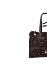 Borsa a spalla in tessuto nero con motivo a stampa in rilievo, manici in pelle marrone, dettagli in metallo dorato e un ampio design con apertura superiore.