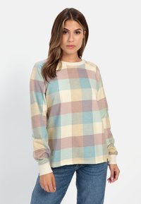 Tjekket langærmet skjorte i pastelfarver, der har en blanding af blå, beige og lyserøde firkanter, med rund hals og ribbede manchetter.