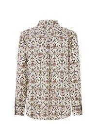 Camicia a maniche lunghe con un motivo floreale multicolore su sfondo crema, con colletto classico e polsini con bottone.