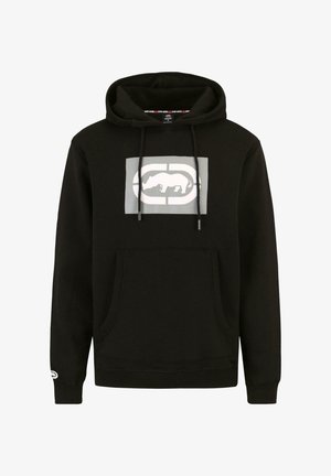 Sort hættetrøje med en frontlomme, justerbare snore og et stort gråt grafisk motiv med dyresilhuetter på brystet.