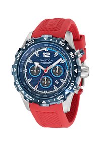 Rote Gummiband-Uhr mit blauem Ziffernblatt, einem Gehäuse aus silbernem Edelstahl und Chronographenfunktionen. Besitzt strukturierte Akzente und leuchtende Zeiger.