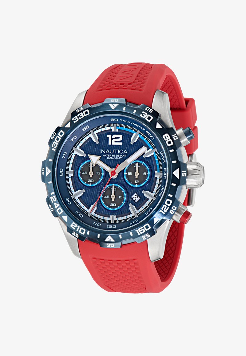 Rote Gummiband-Uhr mit blauem Ziffernblatt, einem Gehäuse aus silbernem Edelstahl und Chronographenfunktionen. Besitzt strukturierte Akzente und leuchtende Zeiger.