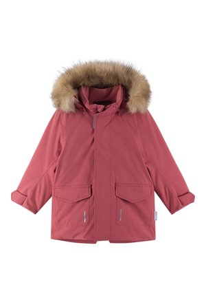 Wasserabweisende rosa Parka mit einer Kunstfellkapuze, großen Fronttaschen und faltbaren Ärmeln. Mit grauen Akzenten und einem Reißverschluss vorne.