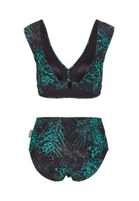 Ensemble de maillot de bain noir comprenant un bralette à larges bretelles et décolleté en V plongeant, associé à un bas taille haute ; le tout orné d'un motif floral turquoise.