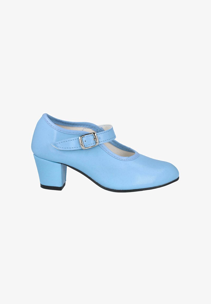 Zapato Mary Jane azul claro con punta redondeada, una correa con hebilla y un tacón bajo. Fabricado en un material sintético suave.