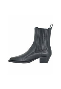 Stivaletto alla caviglia in pelle nera con tacco basso a blocco, pannello laterale elastico e anello per facilitarne la calzata sul retro, mostrato su sfondo bianco.