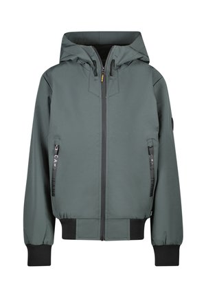 Groene, gevoerde jas met een frontzipper, elastische boorden en twee zijzakken met rits, voorzien van merkaccenten en een gladde textuur.