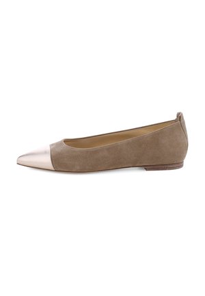 Ballerines en daim marron avec un bout pointu en métal doré. Talon bas et texture lisse, présentant une forme simple et élégante.