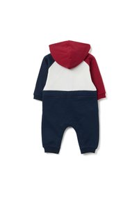 Romper de bebé con capucha en bloques de colores rojo, navy y blanco, de mangas largas y puños elásticos. Fabricado con tela suave para mayor comodidad.