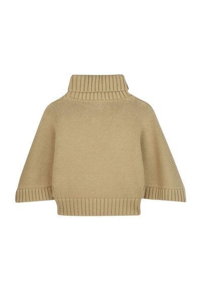 Maglione cropped beige in maglia con alto colletto a coste e ampie maniche a 3/4, caratterizzato da polsini e orlo a coste.