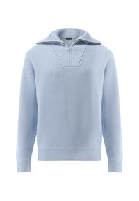 Hellblauer, gerippter Pullover mit Reißverschlusskragen. Besitzt ein strukturiertes V-förmiges Detail auf der Brust; lange Ärmel und eng anliegende Bündchen.