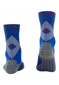 Calzini blu alla caviglia con motivo a diamante e lettere 'L' e 'R' in rosso. Suole grigie testurizzate per una migliore aderenza, tessuto leggero.