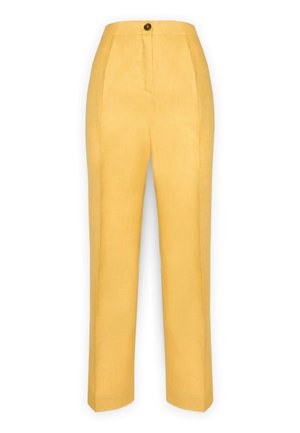 Gele broek met hoge taille en rechte pijpen, sluiting met knoop en rits, voorplooien en een getailleerde pasvorm.