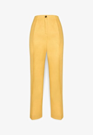 Gele broek met hoge taille en rechte pijpen, sluiting met knoop en rits, voorplooien en een getailleerde pasvorm.