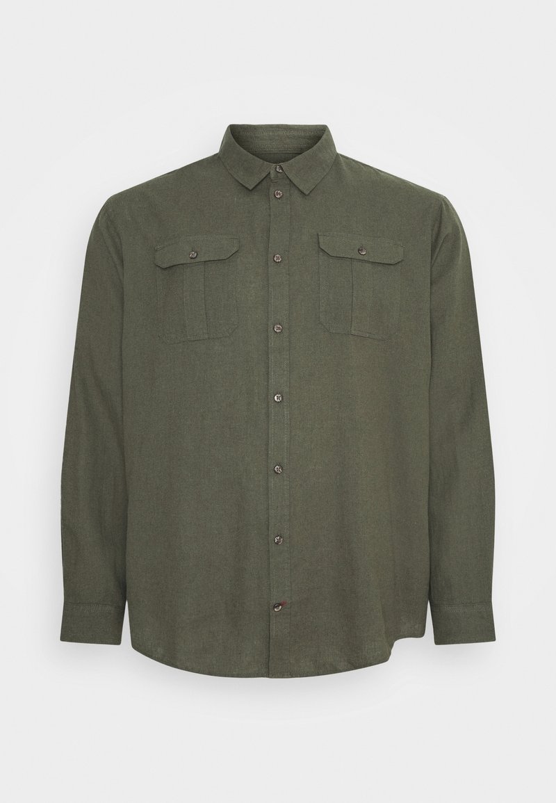 Chemise kaki à manches longues avec boutons, deux poches poitrine à rabat et col classique sur fond uni.