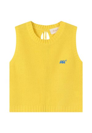 Kollane kootud varrukateta top ümmarguse kaelusega, tagant paelaga ava ja väikese sinise "ACC" logoga vasakul rinnal.