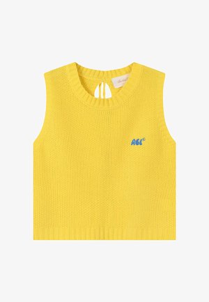 Kollane kootud varrukateta top ümmarguse kaelusega, tagant paelaga ava ja väikese sinise "ACC" logoga vasakul rinnal.