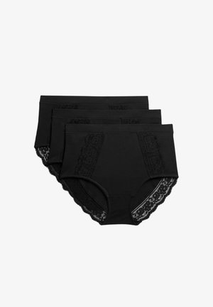 Zwarte katoenen onderbroek met kanten accenten; heeft een gladde afwerking, hoge taille en geschulpte randen. Verpakking bevat drie paar.