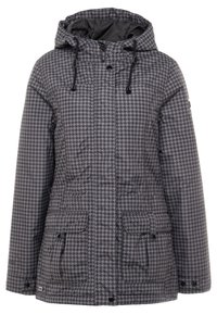 Veste d'hiver gris et noir à motif pied-de-poule, avec capuche, cordons, boutons sur le devant et poches à rabat.