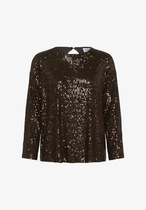 Top lung cu maneci lungi, maro, decorat cu paiete, cu guler rotund și un detaliu de decupaj la spate. Textură netedă cu un finisaj lucios și reflectorizant.